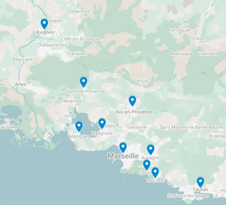 Carte des zones de prise en charge VTC Go Transfert : Marseille, Aix-en-Provence, Avignon et Toulon.