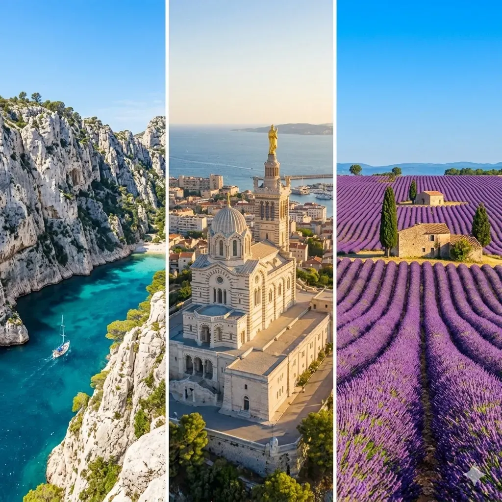 Destinations VTC Go Transfert en Provence : Calanques de Marseille, Basilique Notre-Dame de la Garde et champs de lavande.