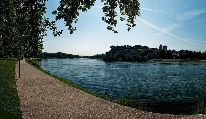 Le pont Saint-Bénézet, la cathédrale et le palais des Papes vus depuis les berges du Rhône